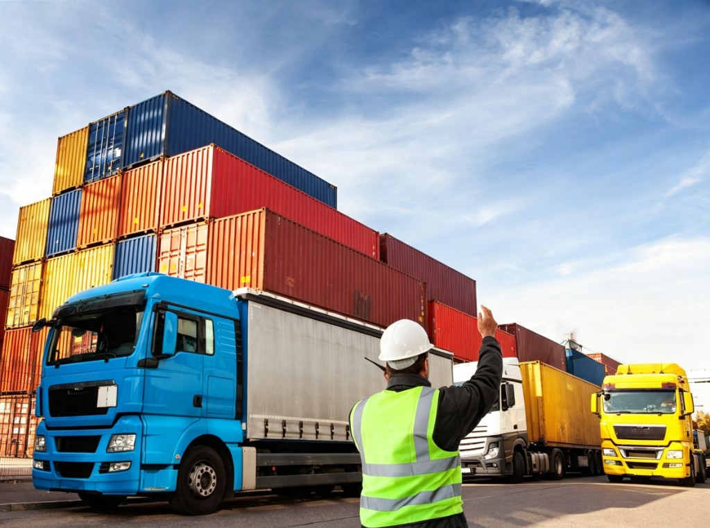Port worker directing trucks at a container terminal