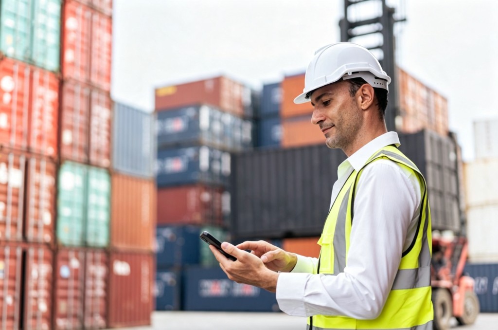 Port supervisor in safety gear using a smartphone at a container terminal