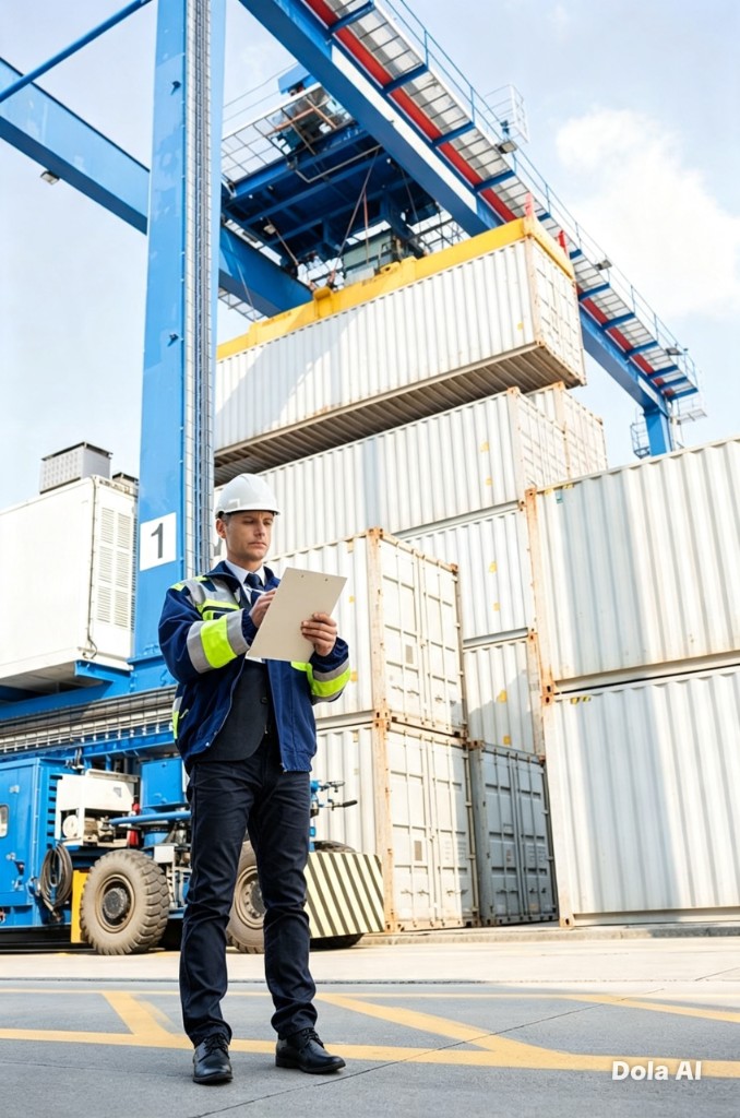Port supervisor recording documentation on a clipboard at a container terminal